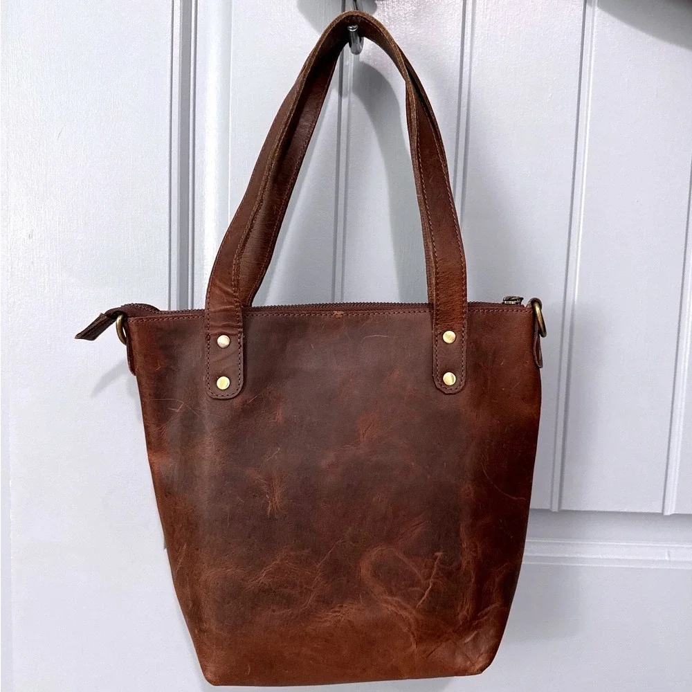 Hides Leather Co LEATHER TOTE BAG WITH ZIPPER - HAZELNUT BROWN - Medium